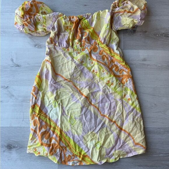 Nasty gal muted floral stripe linen bardot puff sleeve mini dress size 6 NWT - Picture 4 of 7